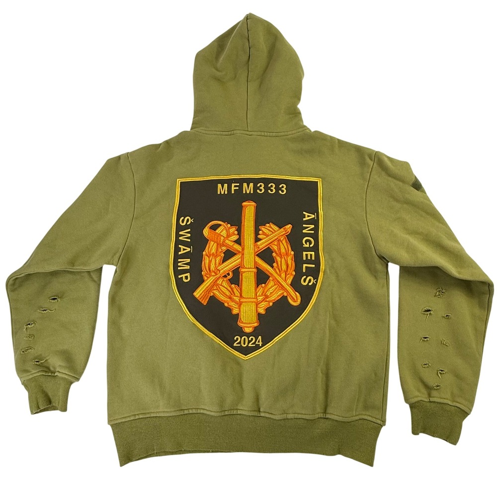 MFM333 Swamp Angels 2024 Distressed Hoodie Olive Green Embroidered Streetwear